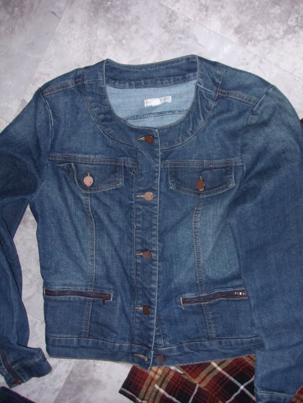 womens size medium blue jean jacket coat stretch zipper up